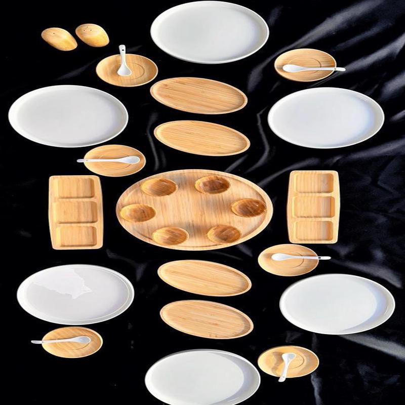 Atbyhome 6 Person 33 Piece Bamboo - Ceramic Breakfast Set - Luxury Breakfast Serving Set