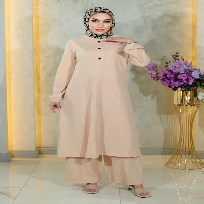 Buttoned Hijab Suit Beige Msw10358-3