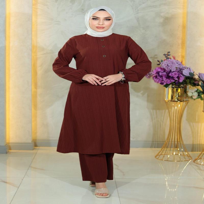 Buttoned Hijab Suit Brown Msw10358-4