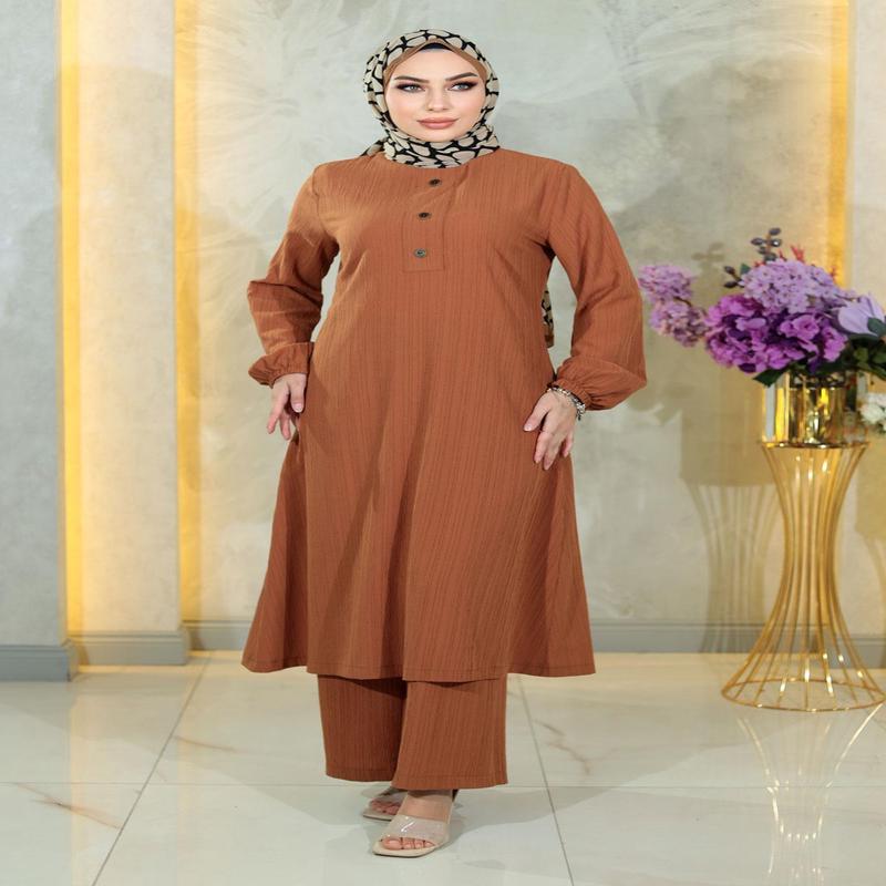Buttoned Hijab Suit Tan Msw10358-5