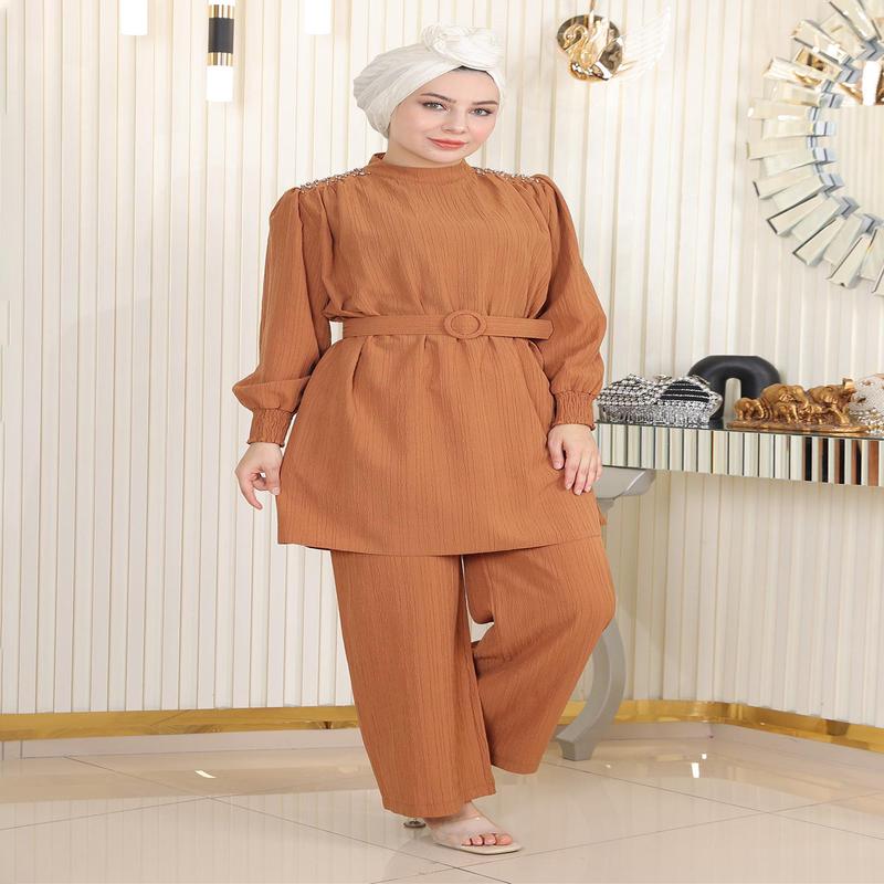 Stone Detailed Belted Set Tan Msw19104-4