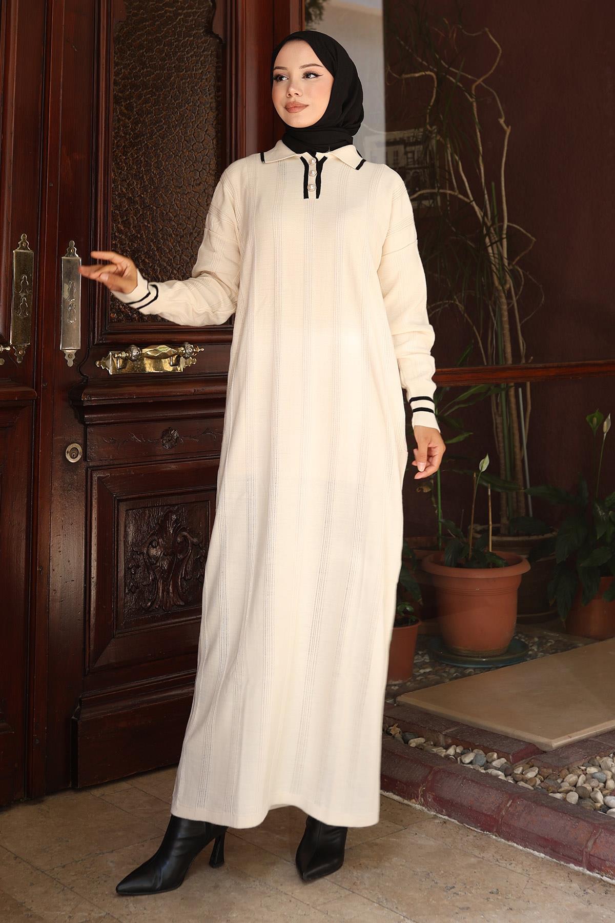 Button Detailed Knit Dress White 6153