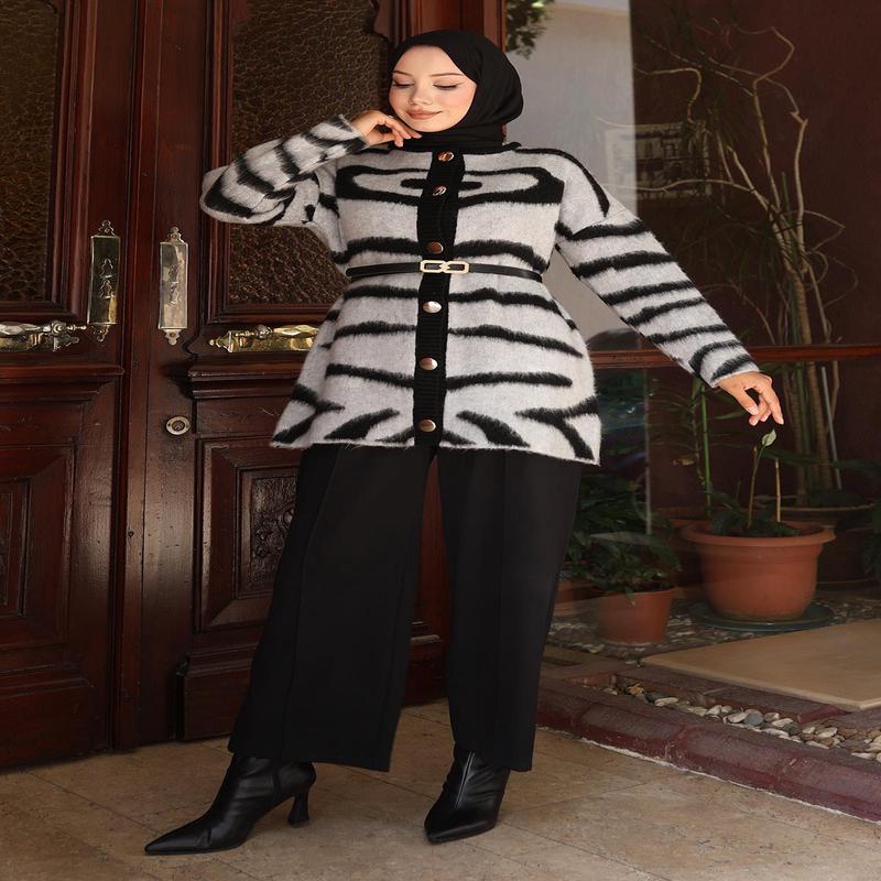 Zebra Patterned Knitwear Suit Gray 6154