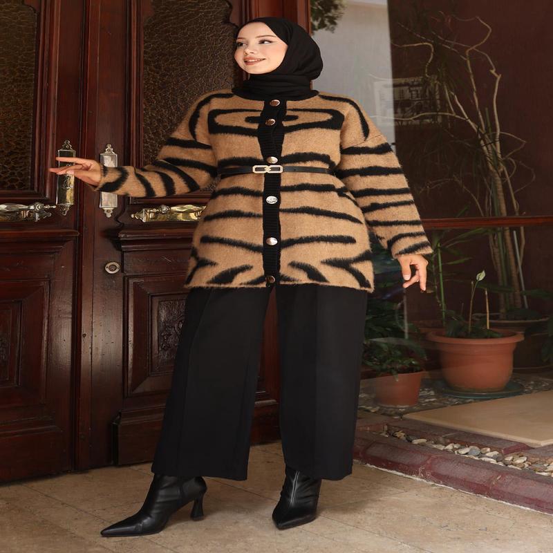 Zebra Patterned Knitwear Suit Tan 6154