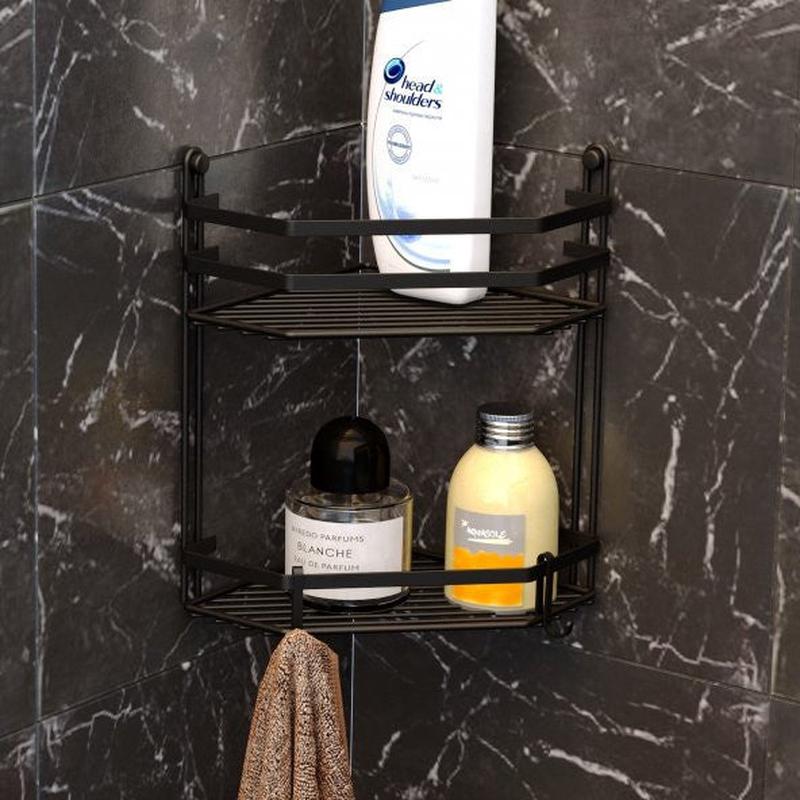 TEKNOTEL TWO-TIER BATHROOM CORNER SHELF WITH HOOK MATT BLACK ES075H