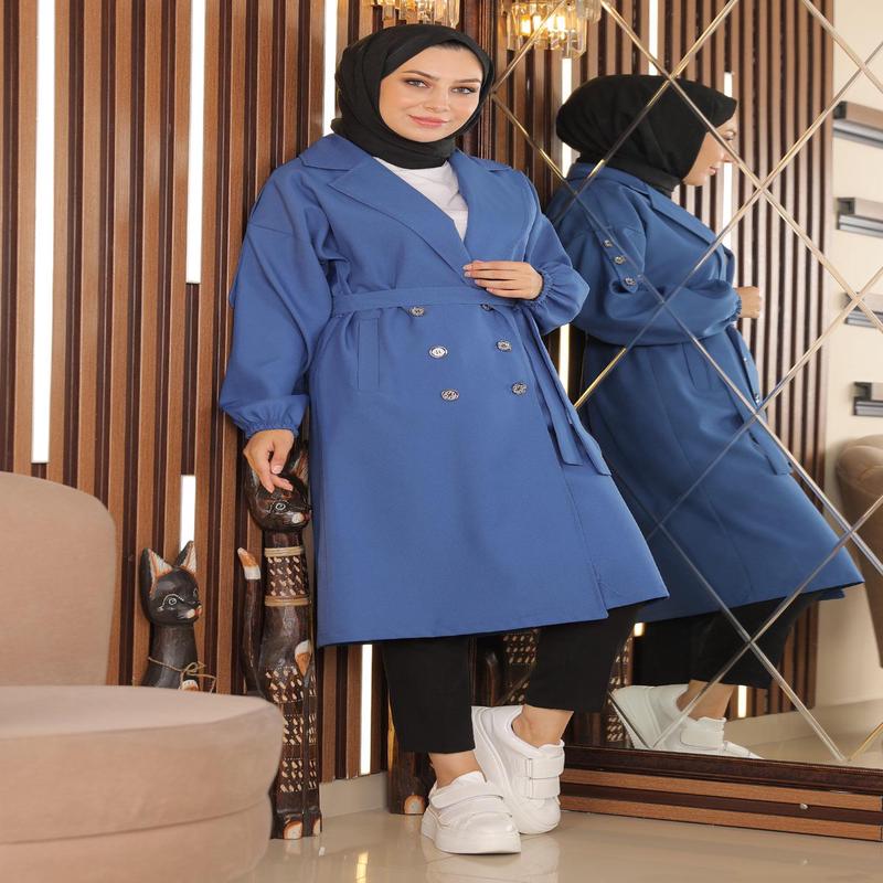 Button Detailed Trench Coat Indigo Msw19147-1