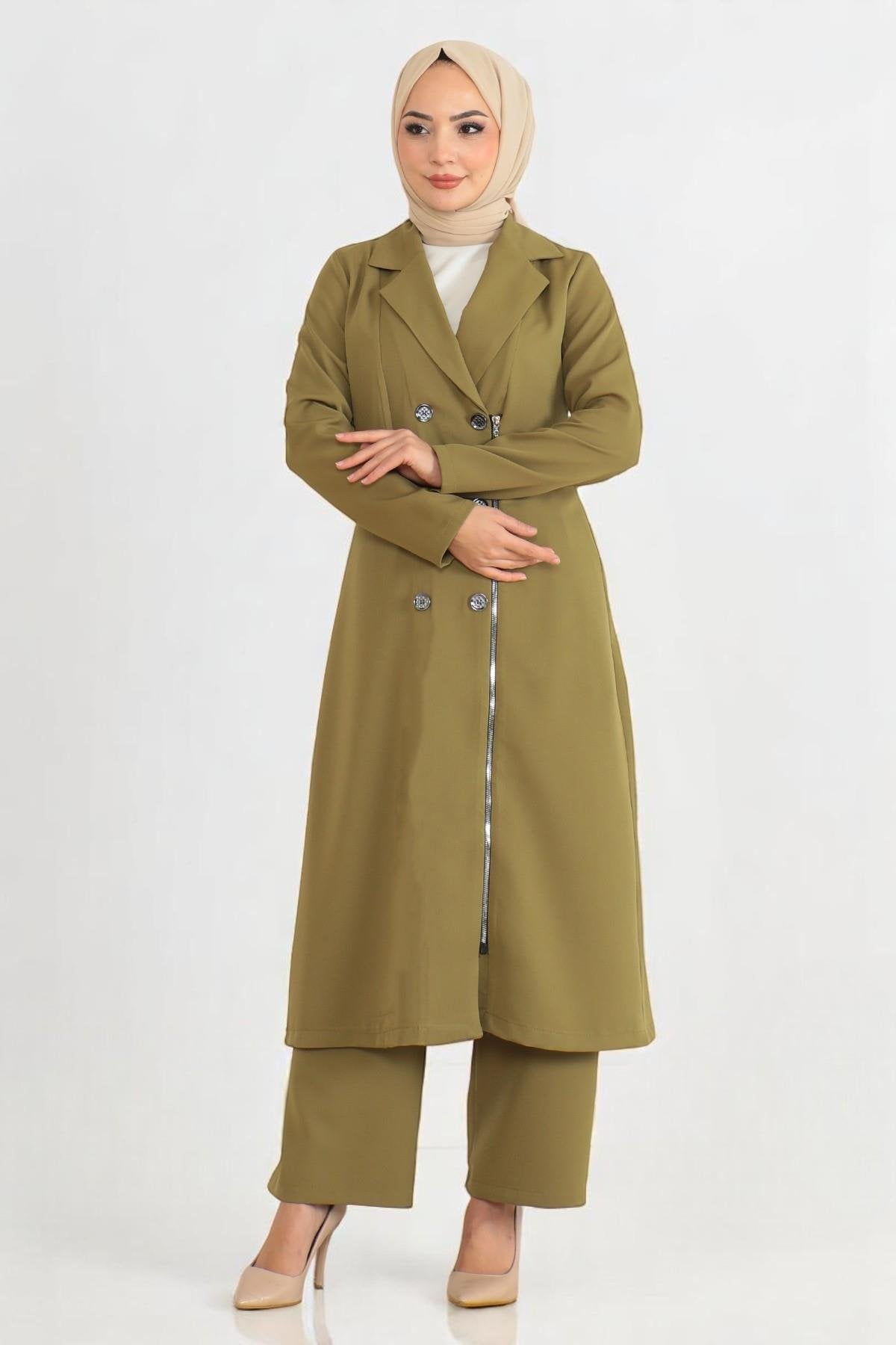 Button Detailed Zippered Suit Khaki 19219