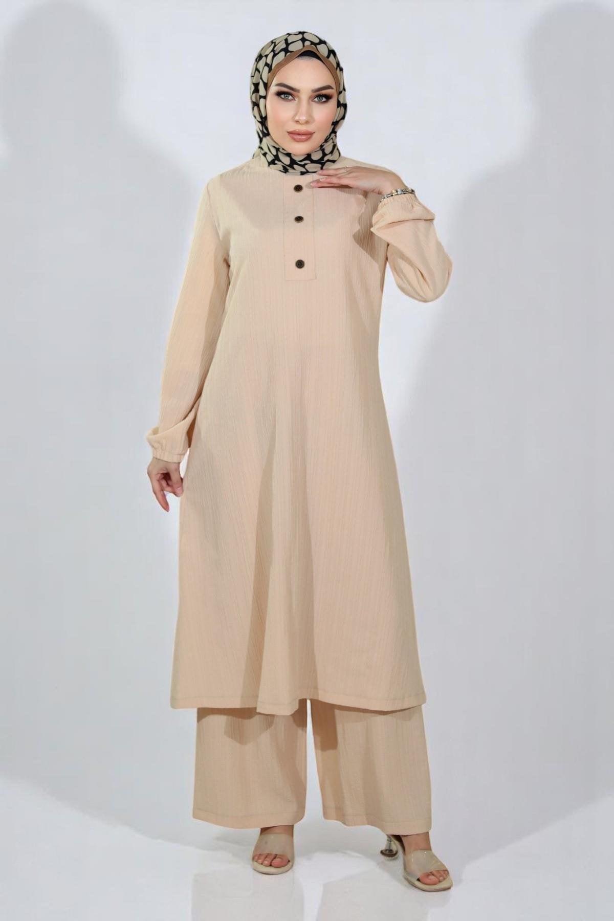 Buttoned Hijab Suit Beige 10358