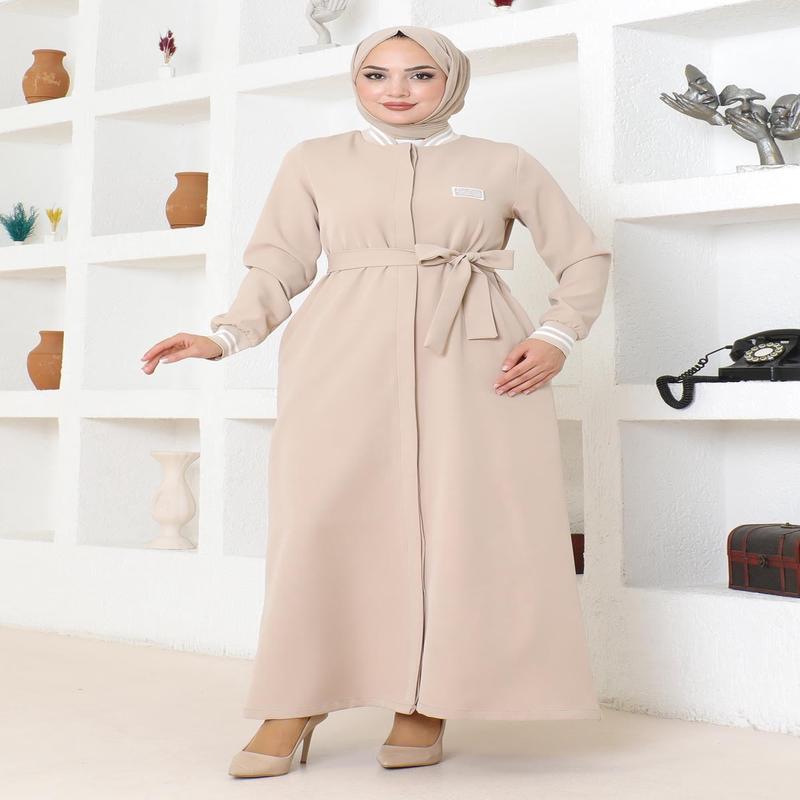 Hidden Buttoned Ribbed Abaya Beige Msw19214-3