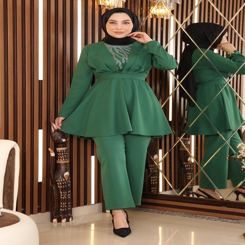 Stone Detailed Belted Set Emerald Msw19122-5