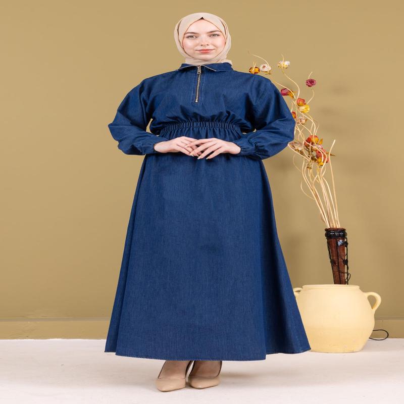 Zippered Elastic Waist Denim Dress Dark Blue Msw19240-2