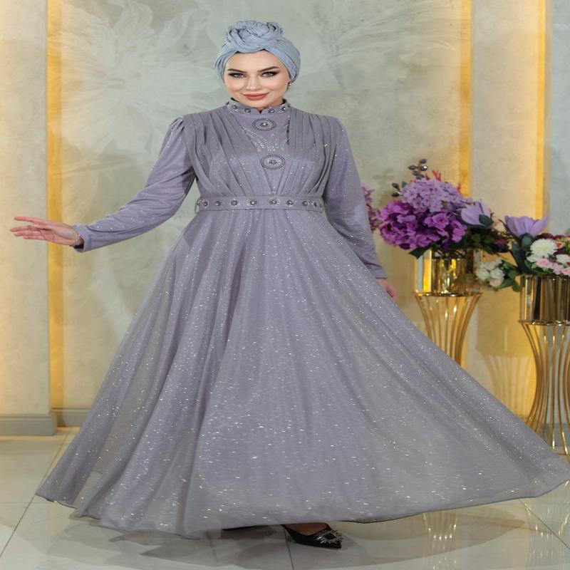 Glittery Evening Dress With Draped Chest And Stone Detail, Lilac Msw19188-5