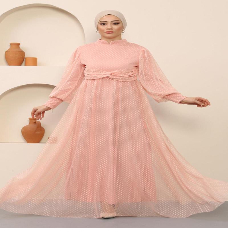 Pearl Detailed Tulle Evening Dress Powder Msw12238-3