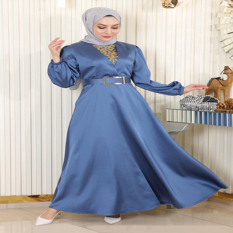 Stone Detailed Satin Evening Dress Blue Msw19901-3