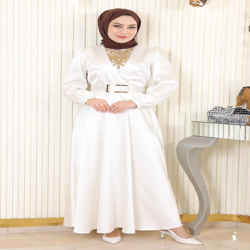 Stone Detailed Satin Evening Dress White Msw19901-2