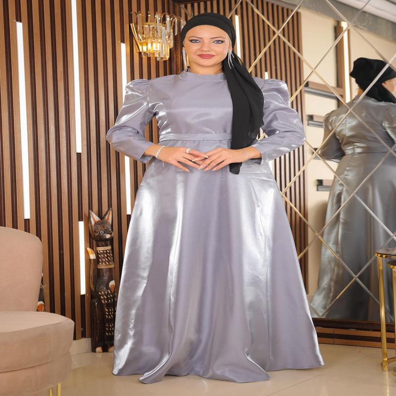 Shoulder Pleated Plus Size Evening Dress Gray Msw19128-4