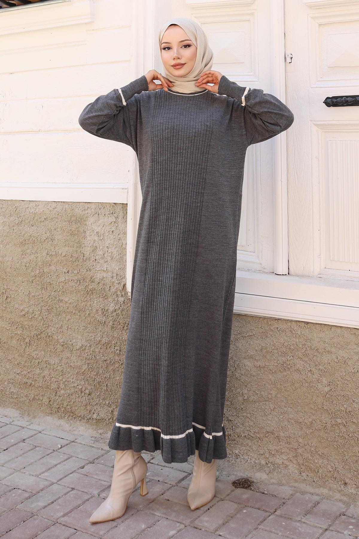 Stone Detailed Cuff Knit Dress Gray 6150