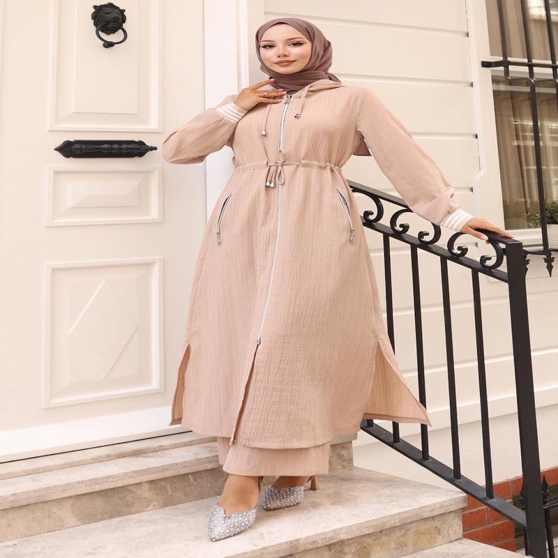 Tied Waist Hooded Suit Beige 19236