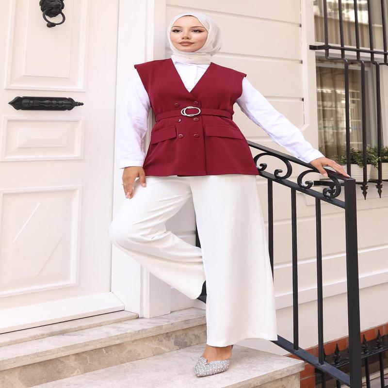 V-Neck Vest Suit Burgundy 19254