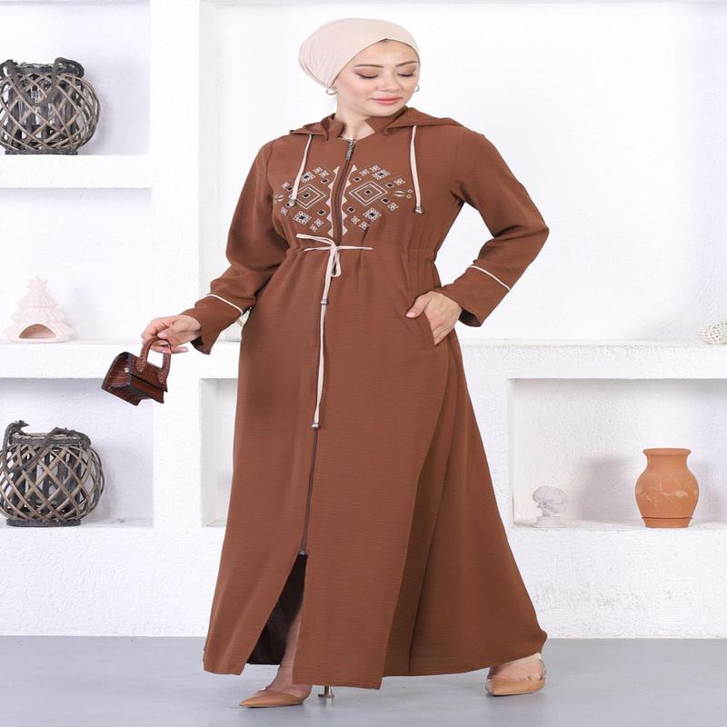 Embroidered Hooded Abaya Brown 12210