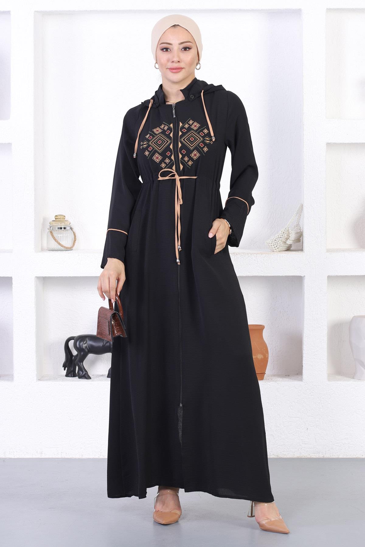 Embroidered Hooded Abaya Tan 12210