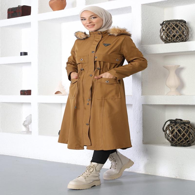 Eyelet Detailed Coat With Emblem, Tan 10354