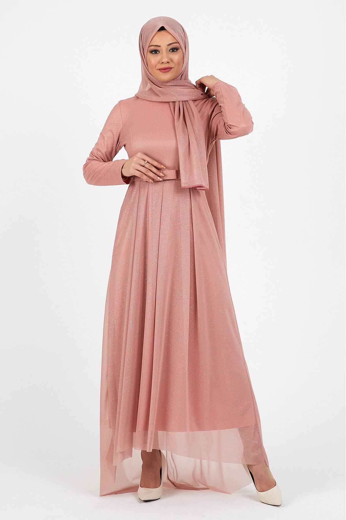 Glittery Pleated Evening Dress Powder 12240