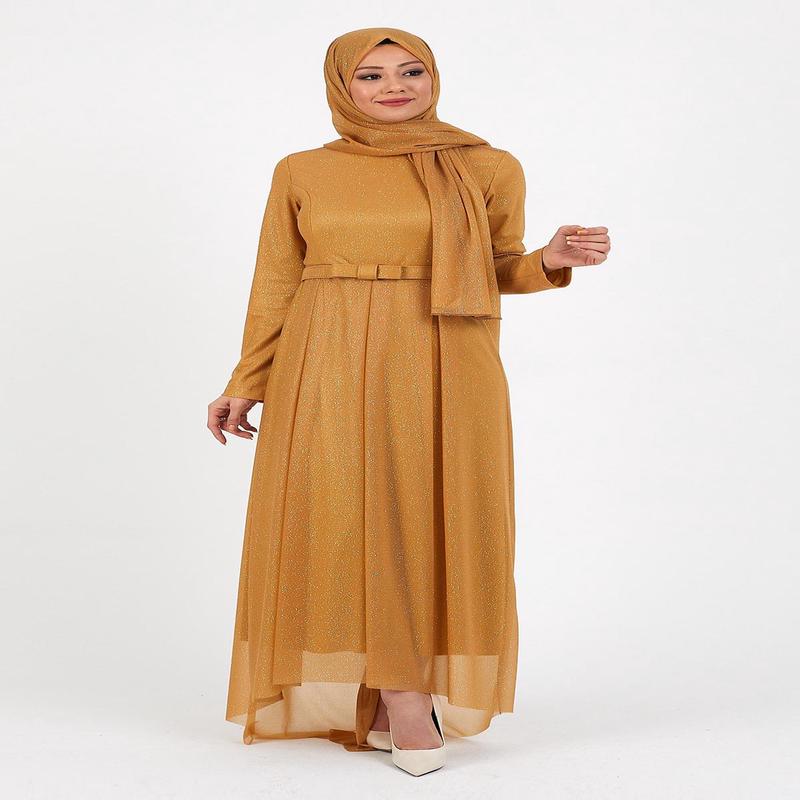 Glittery Pleated Evening Dress Tan 12240