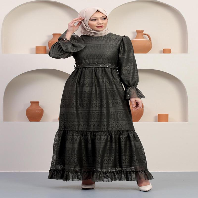 Pearl Detailed Lace Evening Dress Khaki 12239