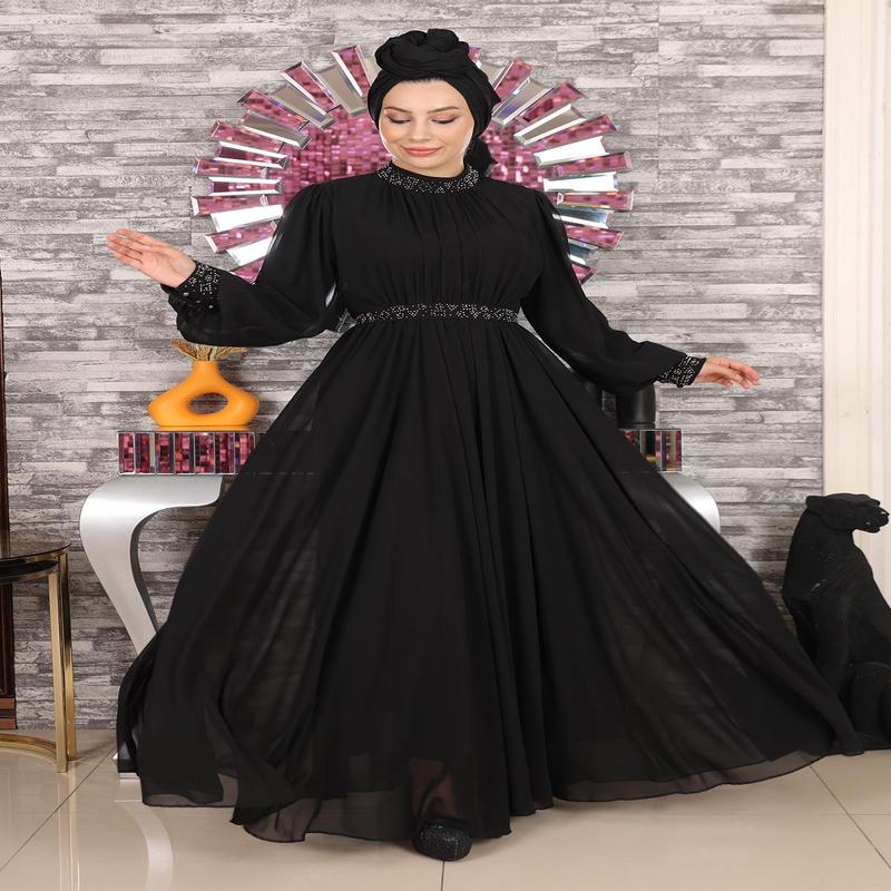 Stone Detailed Chiffon Evening Dress Black 19109