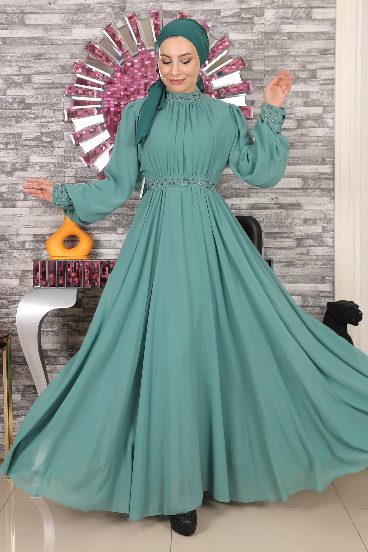 Stone Detailed Chiffon Evening Dress Mint 19109