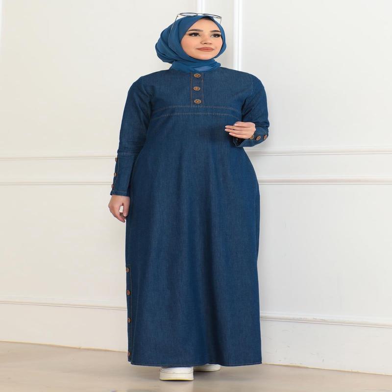 Button Detailed Pocket Denim Dress Dark Blue 19234