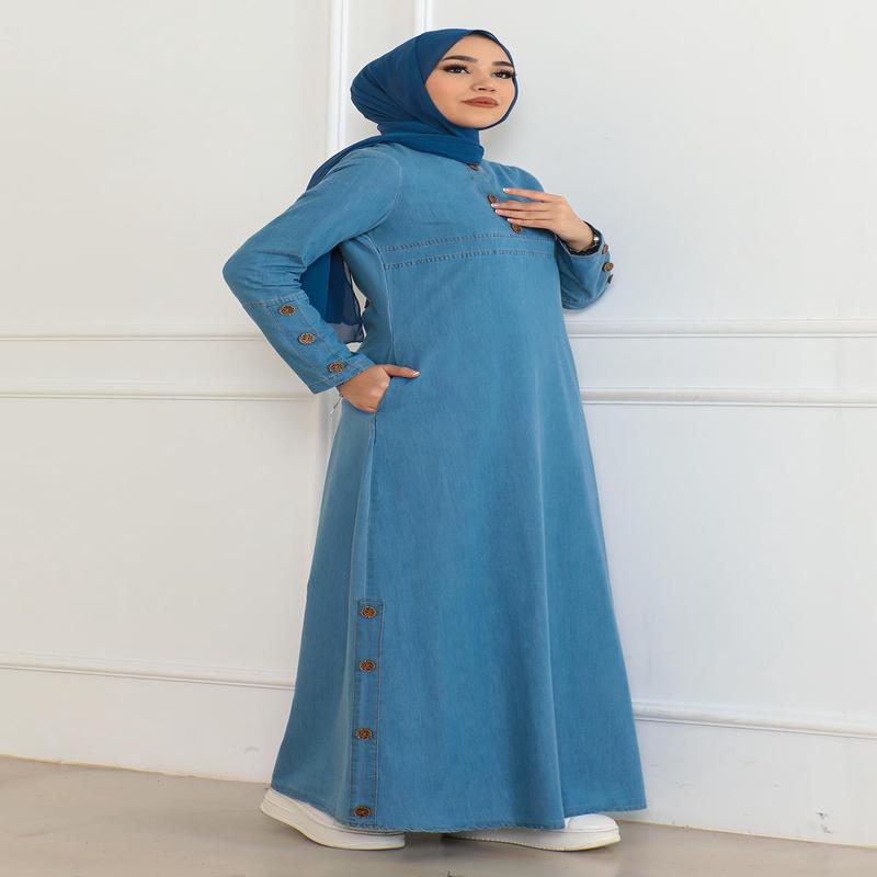 Button Detailed Pocket Denim Dress Light Blue 19234