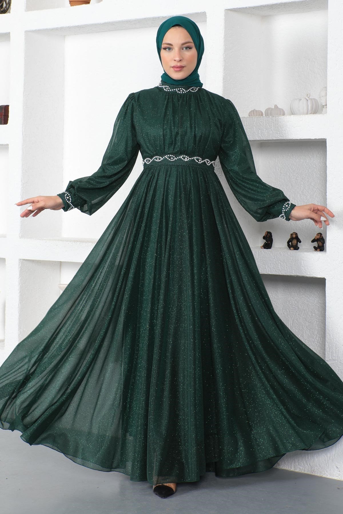 Pearl Detailed Glittery Evening Dress Emerald 19004