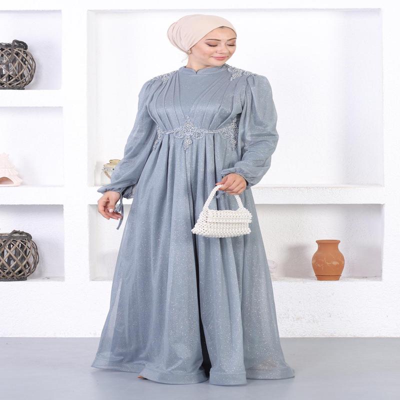 Pearl Lace Glittery Evening Dress Gray 12252