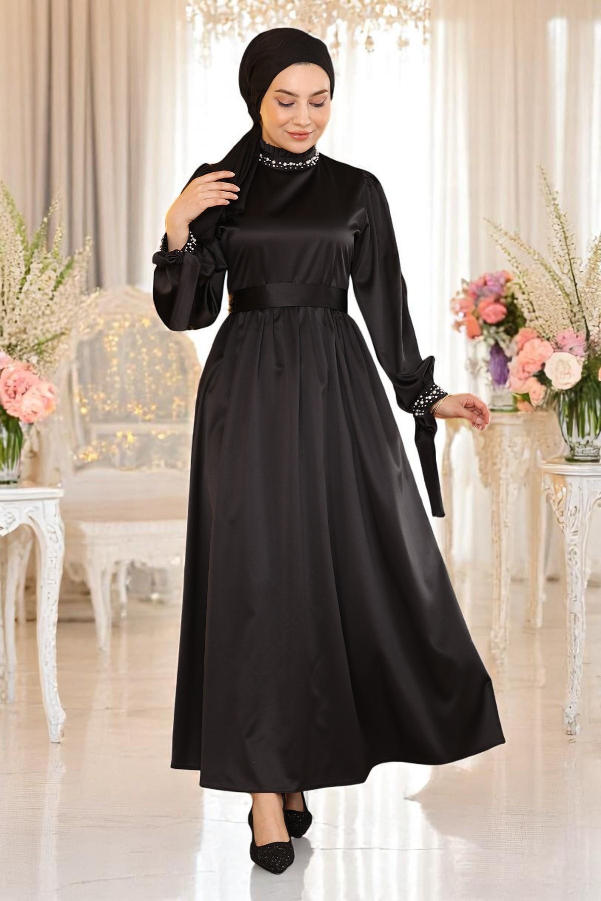 Pearl Satin Evening Dress Black 19121