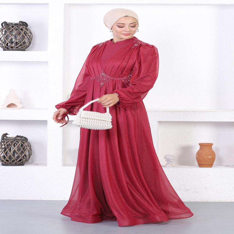 Pearly Lace Glitter Evening Dress Burgundy 12252