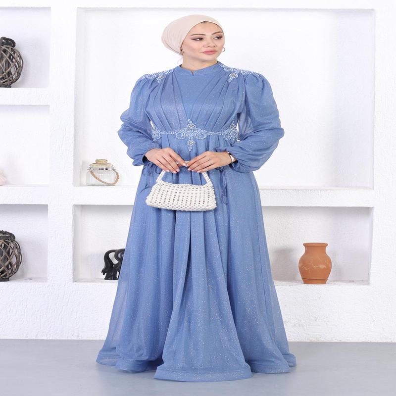 Pearly Lace Glittery Evening Dress Blue 12252