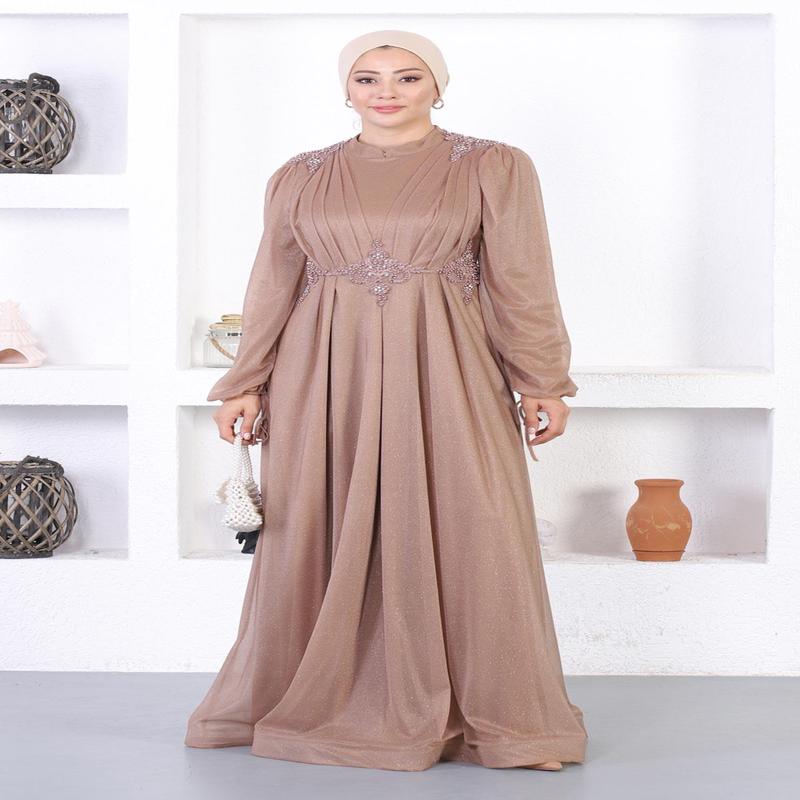 Pearly Lace Glittery Evening Dress Mink 12252