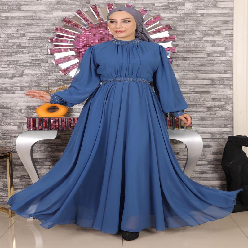 Stone Detailed Chiffon Evening Dress Indigo 19109