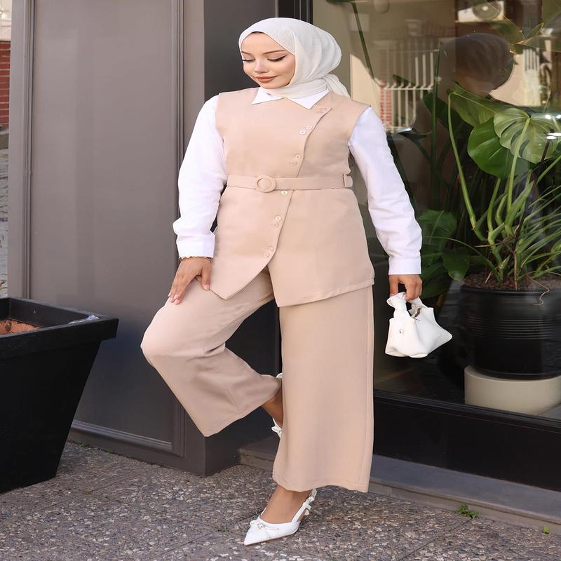 Belted Vest And Trouser Suit Beige 19250