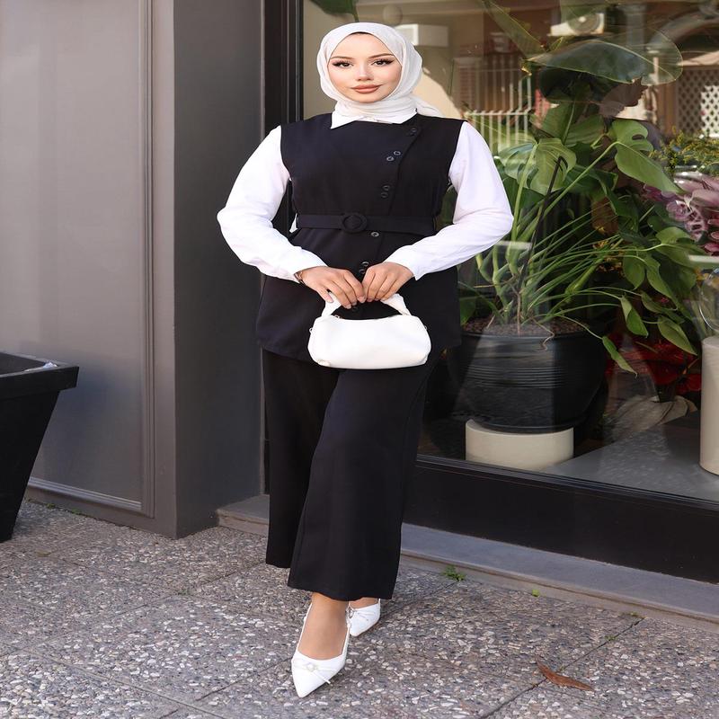 Belted Vest And Trouser Suit Black 19250