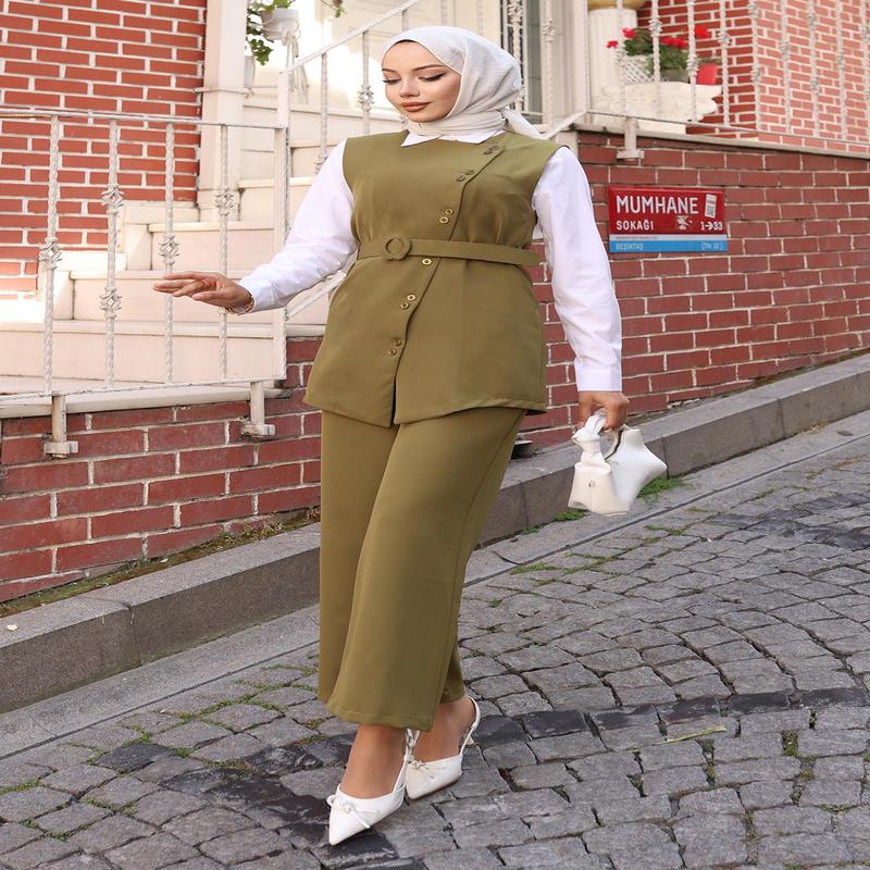 Belted Vest And Trouser Suit Khaki 19250