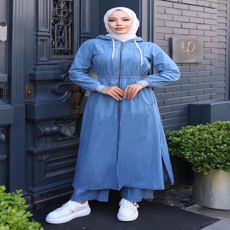 Elastic Waist Hooded Denim Set Light Blue Msw19370-1
