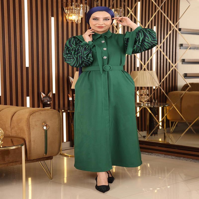 Stone Detailed Patterned Abaya Emerald Msw19127
