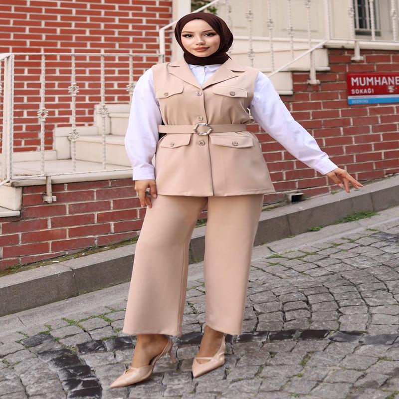 Vest Suit With Ornamental Pocket Detail Beige Msw19249-5