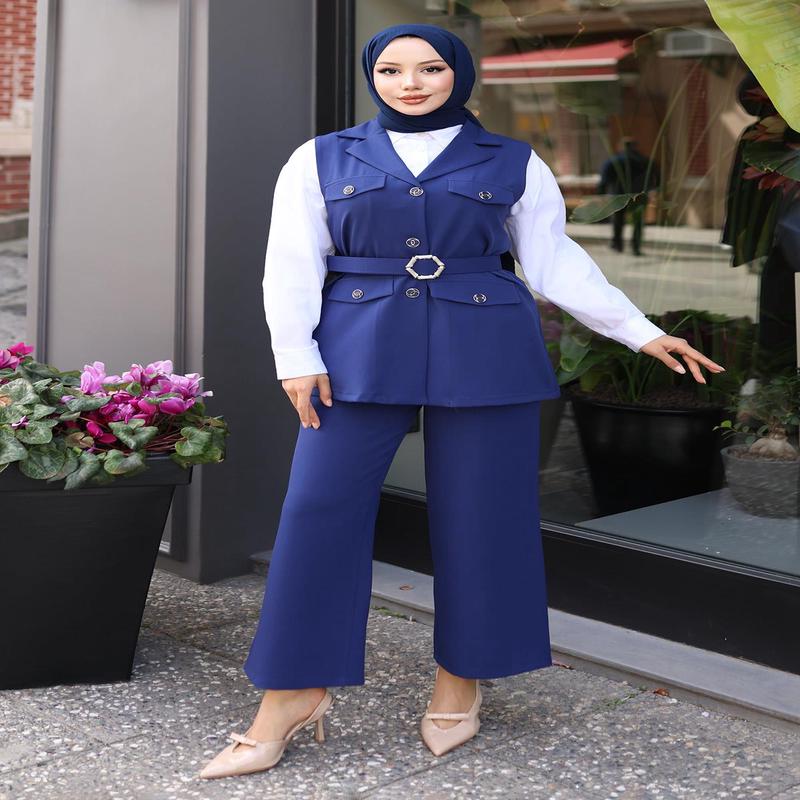 Vest Suit With Ornamental Pocket Detail Indigo Msw19249-2