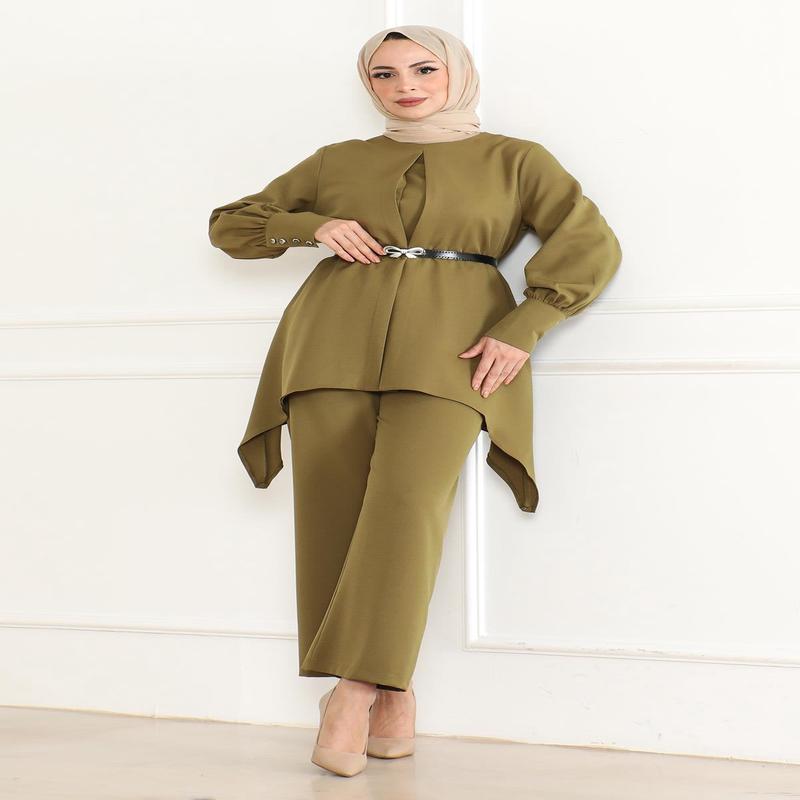 Belt Detailed Suit Khaki Msw19001-4