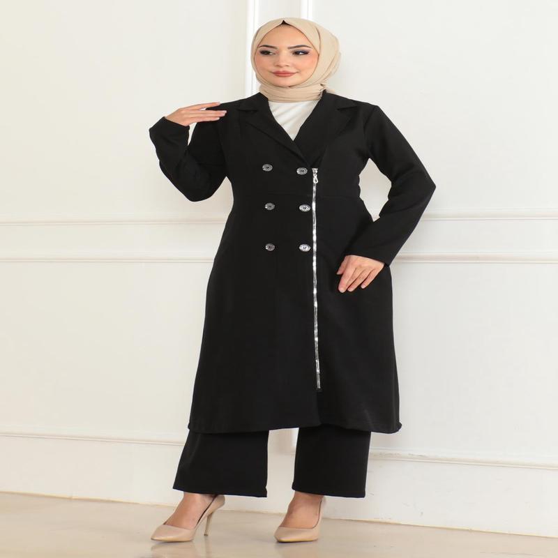 Button Detailed Zippered Suit Black Msw19219-1