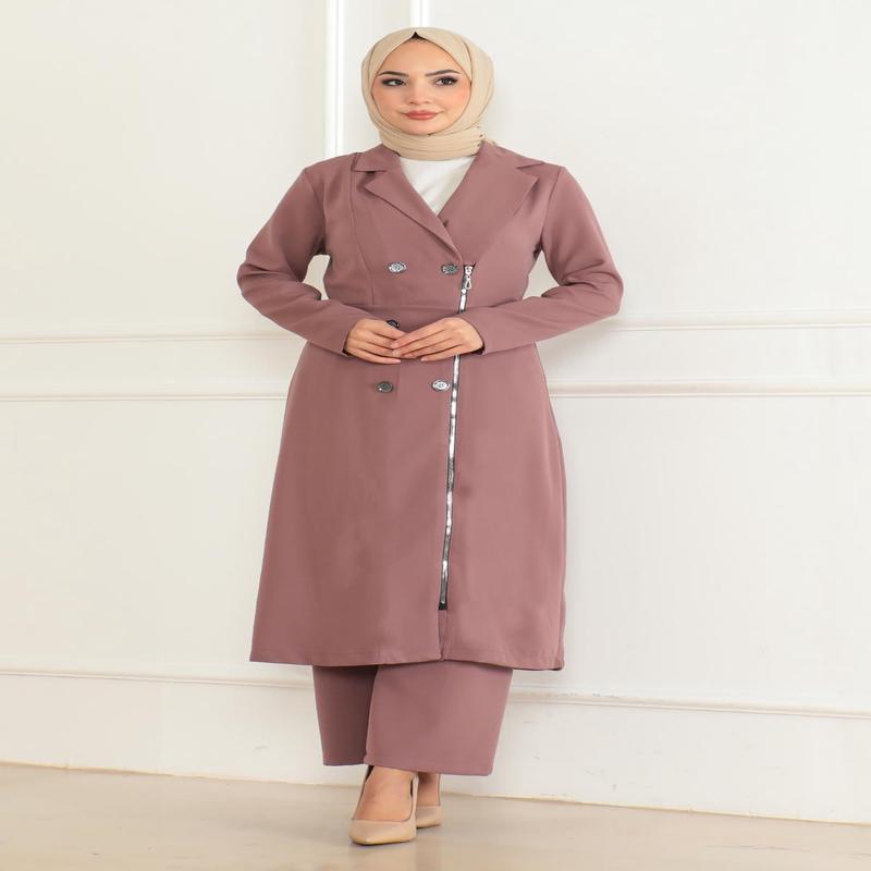 Button Detailed Zippered Suit Dusty Rose Msw19219-3